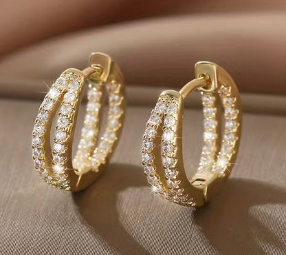 Double-layer curved 14k Gold plated Huggie Hoop Earrings with CZ inlay in front and back