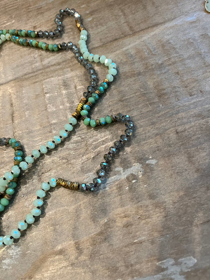 60 in green, mint, grey, gold beaded layering necklace