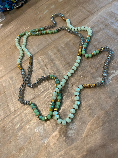 60 in green, mint, grey, gold beaded layering necklace