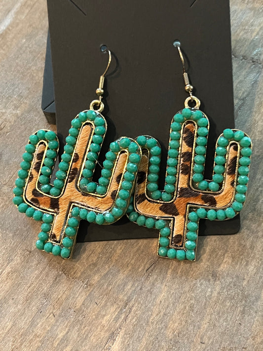 Cactus drop earrings with leopard print detail - bronze, turquoise, red, and cream opalescent.