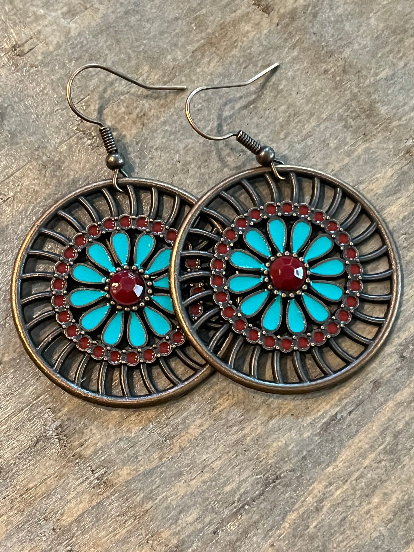 Copper drop earrings with red and turquoise detail