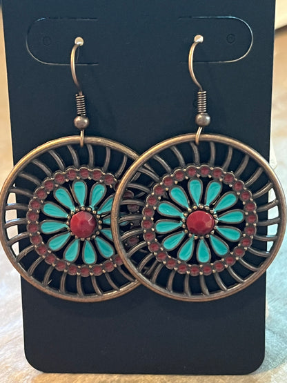 Copper drop earrings with red and turquoise detail