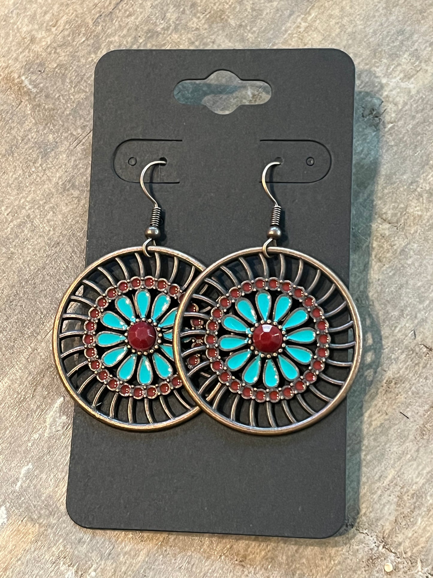 Copper drop earrings with red and turquoise detail