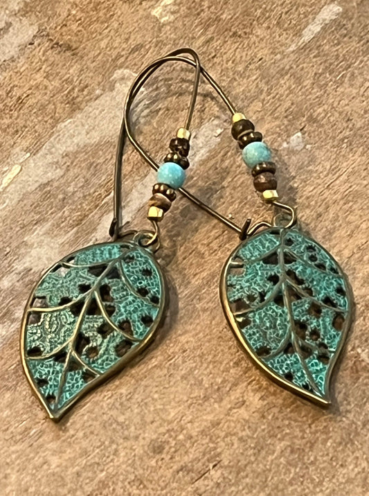 Boho Leaf Drop Turquoise Earrings