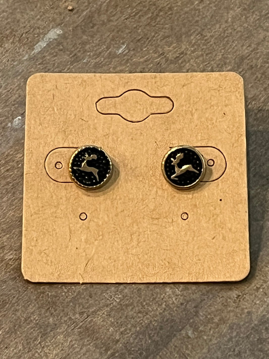 Black and gold stud earrings with deer detail