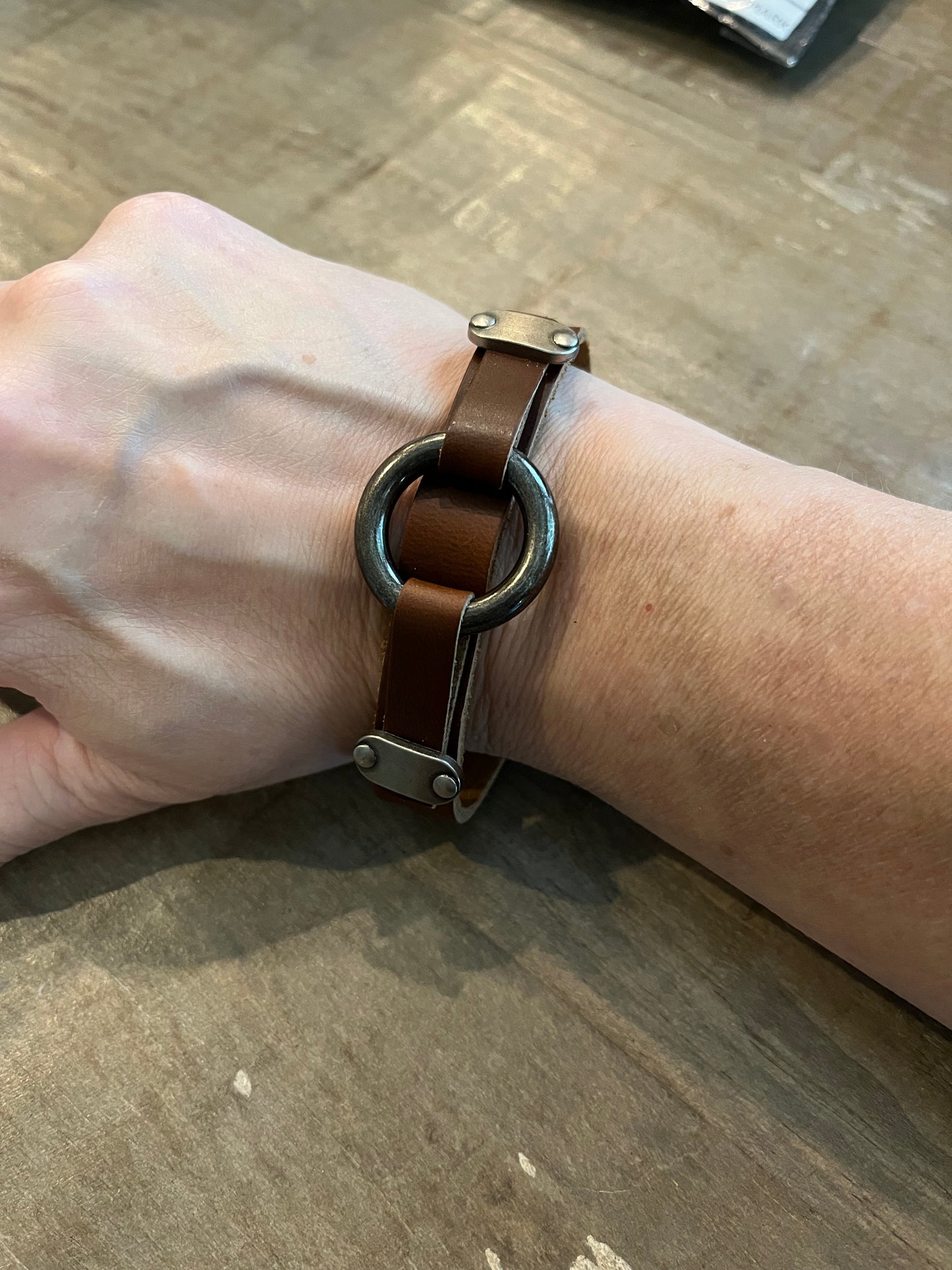 Brown leather and ring cuff bracelet- unisex