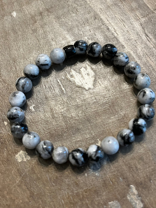 Black and white spiderweb jasper bead bracelet