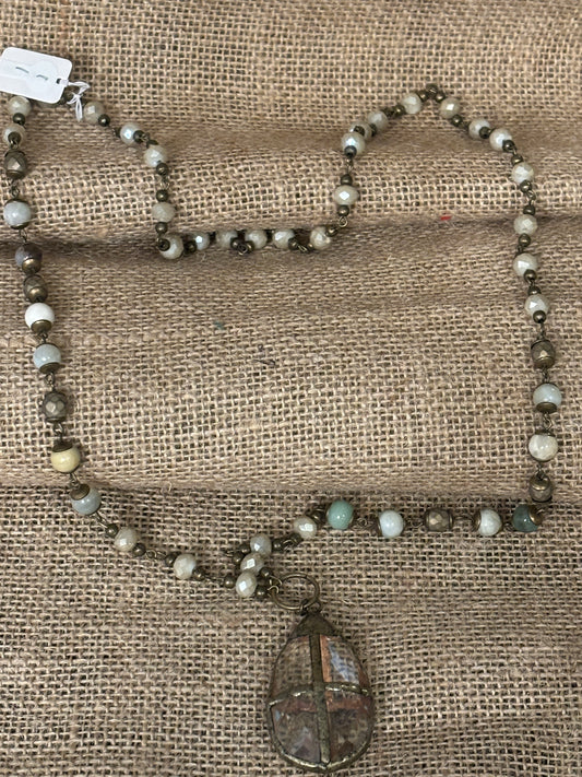 Long Beaded Amazonite Necklace with Teardrop Pendant