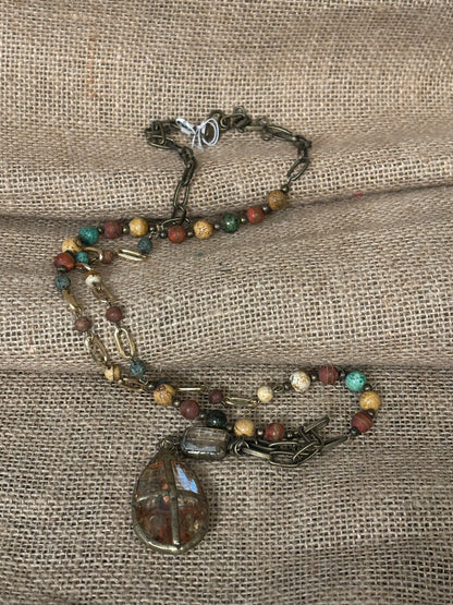 Long Savanna Jasper Beaded Necklace with Teardrop Pendant