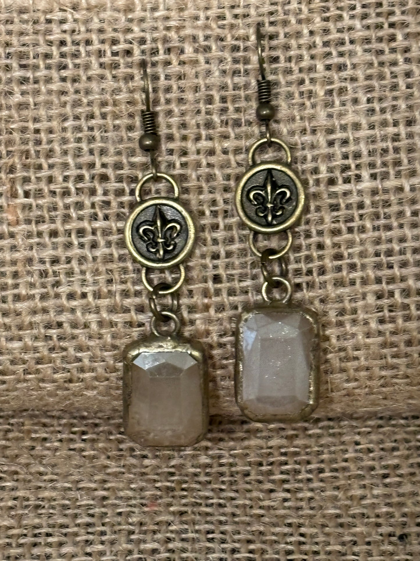 Fleur de lis and Square Opaque Crystal Dangle Earrings