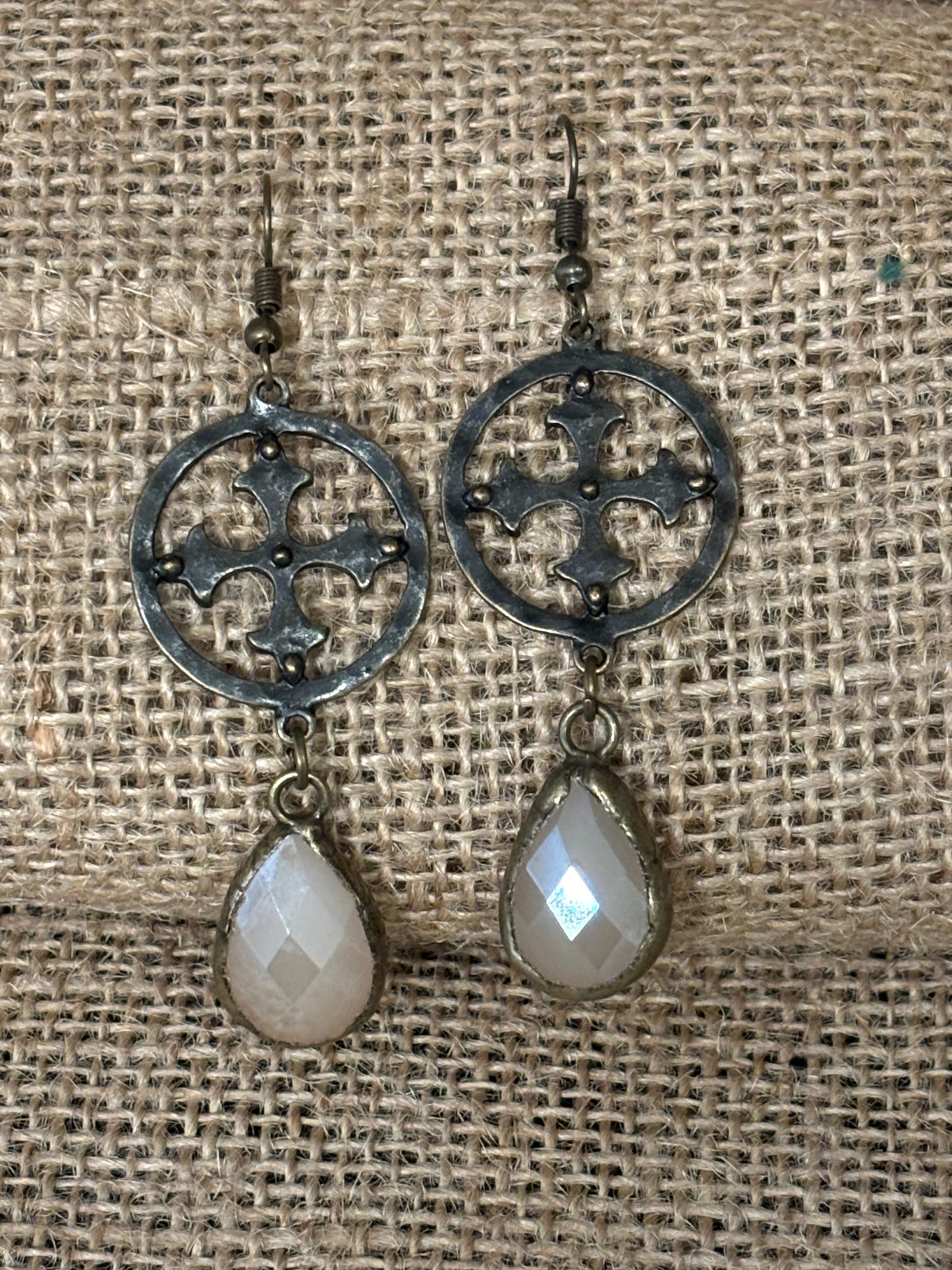 Celtic Cross/Opaque Teardrop Crystal Dangle Earrings