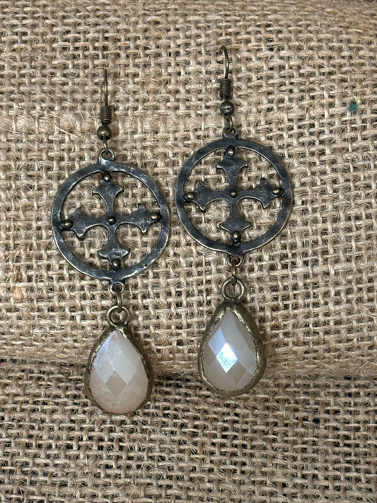 Celtic Cross/Opaque Teardrop Crystal Dangle Earrings