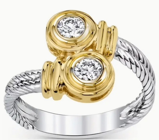 Gold and Silver Cable ring with two cubic zirconia