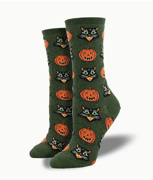 Halloween Socks - Green with black cats and jack-o-lanterns