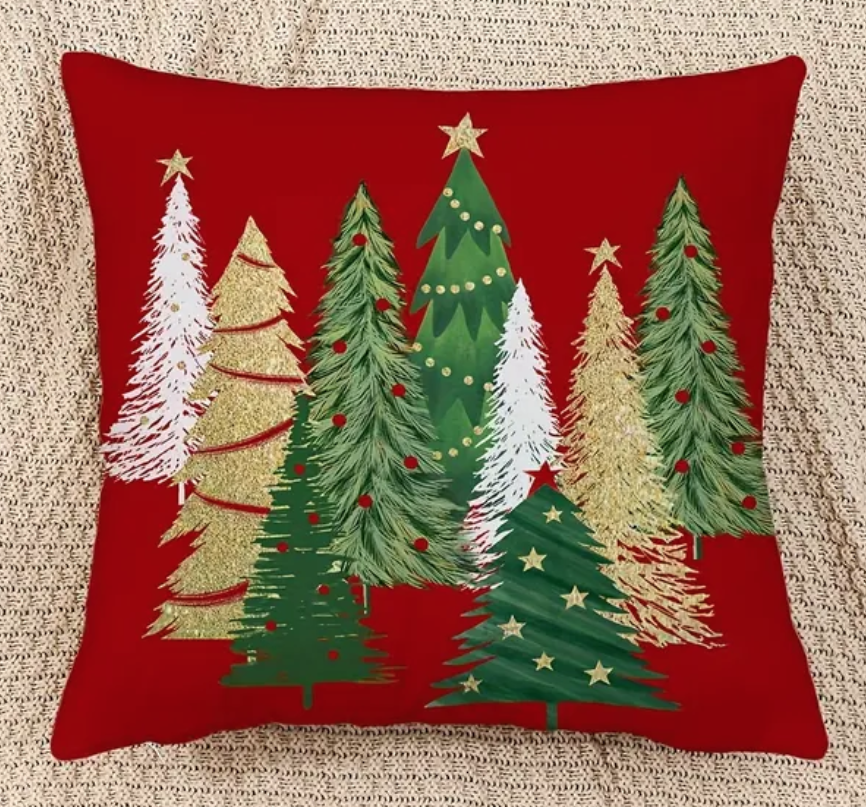 Christmas Pillow Cover - red or green w/ multi trees