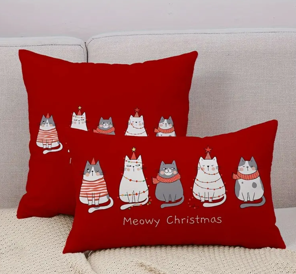 Christmas Pillow Cover - meowy xmas