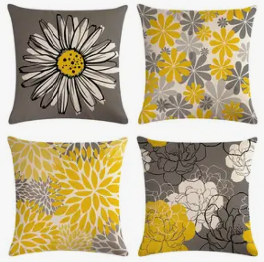 Yellow and Gray Floral Pillow Covers