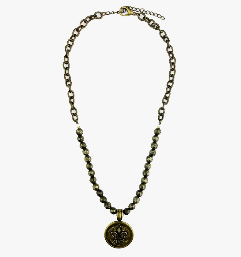 Short Fleur De Lis Pyrite Medallion Necklace