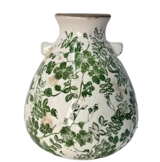 Green and white floral skinny neck vase