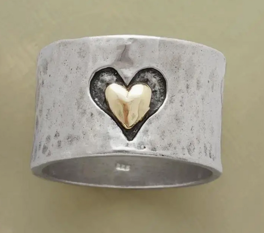 Gold heart silver band ring